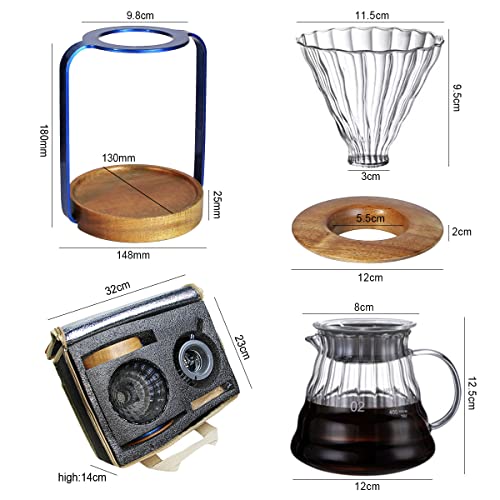Pour Over Coffee Dripper Stand with Metal Stand Wooden Filter Holder Glass Server with Paper Coffee Filters