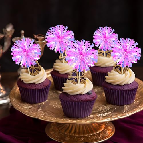 30Pcs Foil Firework Cupcake Toppers Happy Birthday Cake Toppers Tinsel Flower Drink Stirrers Cocktail Food Fruit Toothpicks for Valentine's Day Party Decorations Rose Red (30 Count)