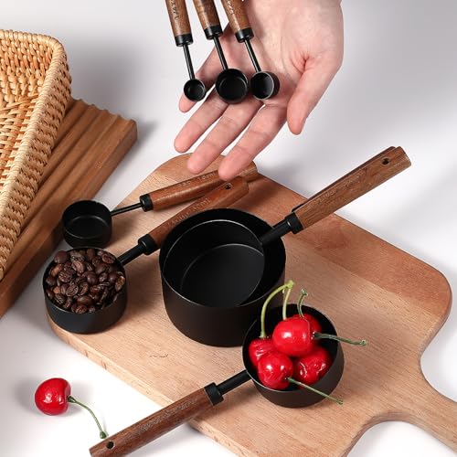 Stainless Steel Measuring Cups Set and Measuring Spoons Wooden Handle Metal Measure Cups and Spoons for Cooking and Baking