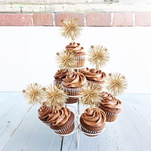 30Pcs Foil Firework Cupcake Toppers Party Birthday Cake Toppers Supplies Sparkle Tinsel Cocktail Fruit Toothpick for Birthday Wedding Graduation Party Supplies Gold (30 Count)