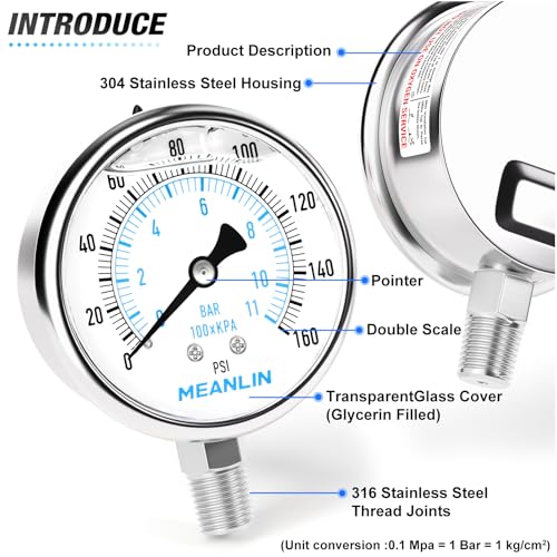 0~160Psi Liquid Filled Pressure Gauge Stainless Steel with 316 Stainless Steel Joint 1