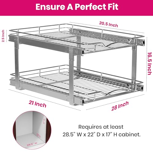 2-Tier Pull-Out Cabinet Organizer for Kitchen, 28"W x 21”D x 16.5"H