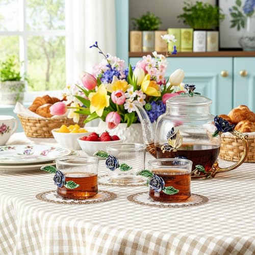 13 Pcs Glass Tea Set Rose Floral Vintage Teapot and Cups