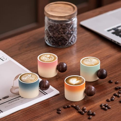 Ceramic Mini Espresso Cups Demitasse Cups with Round Wooden Handle Vertical Stripes Tea Cups (4 Count)