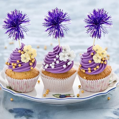 30Pcs Foil Firework Cupcake Toppers Party Birthday Cake Toppers Supplies Sparkle Tinsel Cocktail Fruit Toothpick for Birthday Wedding Graduation Party Supplies Purple (30 Count)