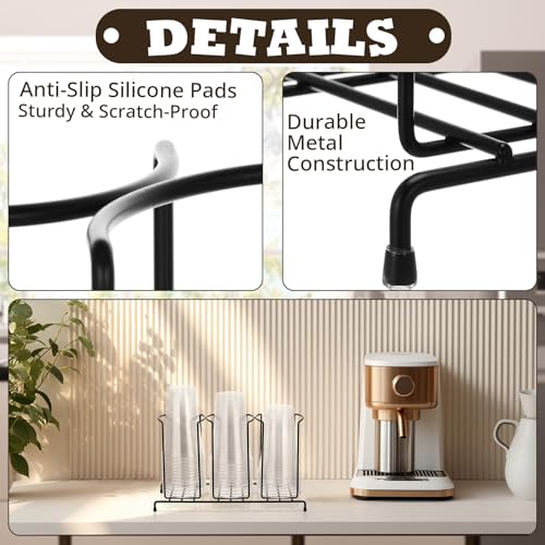 2 Pcs 3 Section Coffee Cup Organizers 14.2 x 8.5 x 5 Inch Wire Rack Coffee Cup and Lid Holder Black Iron Lid Dispenser Countertops Station Organizer for Kitchen Storage Essentials (2 Count)