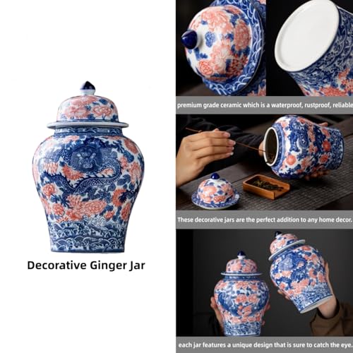 8 inches dragon Ginger Jar with Lid red blue Decorative Ceramic