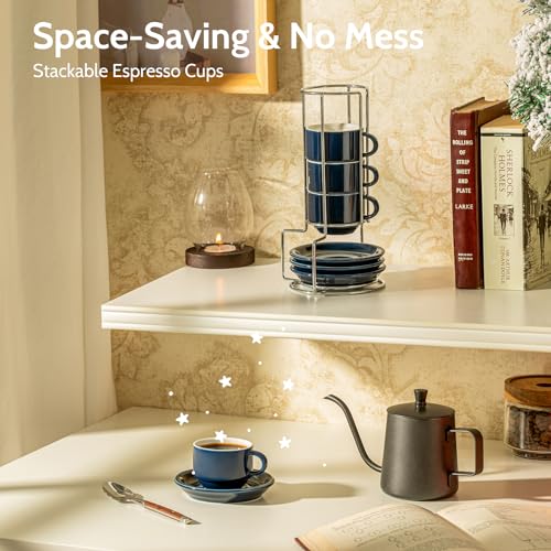 4 Ounce Porcelain Stackable Espresso Cups with Saucers and Metal Stand Set of 4 (4 Count)