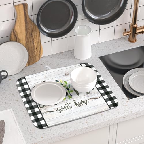 Home Sweet Home Dish Drying Mat 16x18 Inch Spring Summer Green Leaf Wreath Dish Drainer Mats Rustic Wood Board Microfiber Dish Drying Rack Pad for Kitchen Countertop Farmhouse Decor