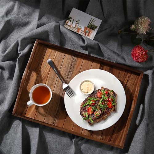Large Acacia Wooden Serving Tray with Handles 20 x 14 inch Decorative Coffee Table Ottoman Tray for Living Room Extra Large for Kitchen Dinner Food Bar Breakfast in Bed