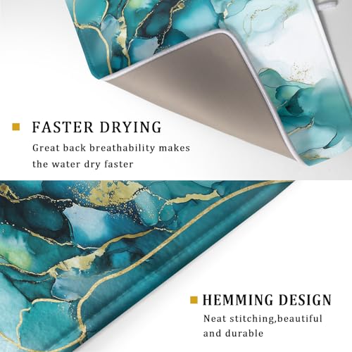 Teal Marble Dish Drying Mat Turquoise Blue Marbling Print Dish Drainer Mats 18"x24" Modern Granite Microfiber Reversible Dish Drying Rack Pad Protector for Kitchen Countertop Decor