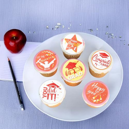 48Pcs 2026 Graduation Cupcake Toppers Wafer Paper Class of 2026 Cake Decorations Edible Congrats Grad Cupcake Picks for 2026 Graduation Theme Party Cake Supplies Red Gold (48 Count)