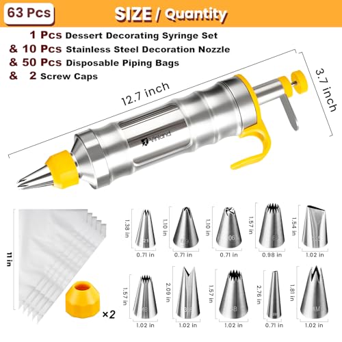 Dessert Decorating Syringe Set Icing Piping Kit Frosting Piping Kit Stainless Steels Cake Decorating Kit with 10 food grade stainless steel piping tips & 50 Disposable Piping Bags Yellow (63 Count)