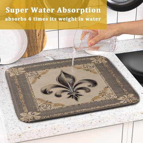 Mardi Gras Dish Drying Mat for Kitchen Vintage Fleur De Lis Print Dish Drainer Mats 16x18inch Country Style Dish Drying Rack Pad Protector for Countertop Dining Holiday Decor