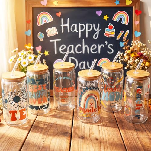 12 Sets End of Year Teacher Gifts Bulk Teacher Appreciate Glass Cups with Lids and Straws 16 oz Iced Coffee Cup Cute Thank You Gift for Daycare Preschool Kindergarten Back to School (12 Count)
