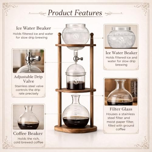 Cold Brew coffee Maker Ice Coffee Drip Machine with Advanced Slow Drip Technology Borosilicate Glass with Wood Tower
