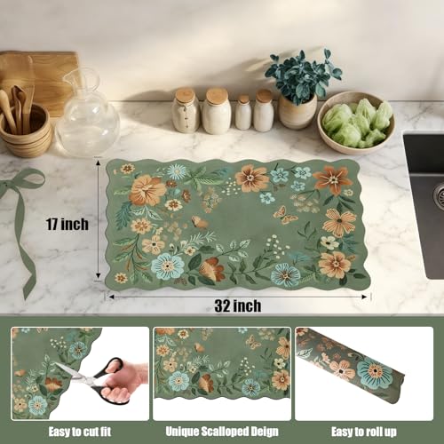 Scalloped Bohemian Boho Floral Flower Coffee Bar Mat Dish Drying Mats for Kitchen Counter