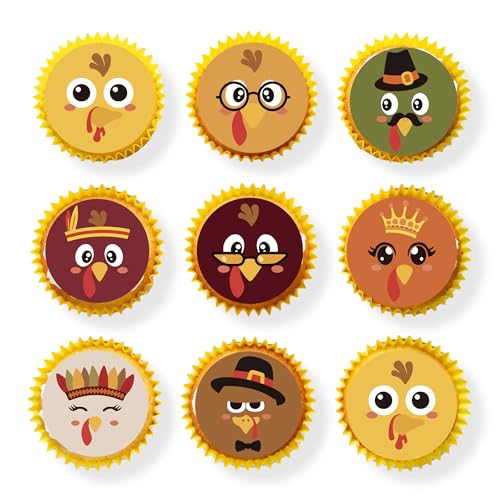 48PCS Edible Thanksgiving Day Cupcake Toppers Wafer Paper Turkey Cupcake Toppers Picks Autumn Cake Decorations for Thanksgiving Party Decoration Supplies