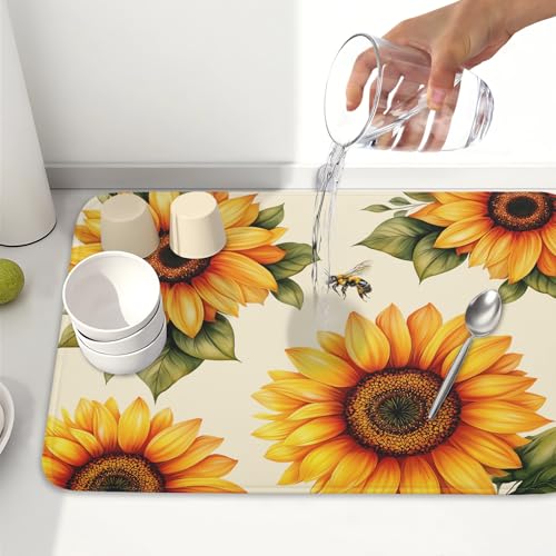 Sunflower Dish Drying Mat 18x24 Inch Absorbent Reversible Summer Drying Mat Sunflower Bee Dish Drying Rack Mat Yellow Summer Themed Dish Drainer Mat for Kitchen Counter Coffee Bar
