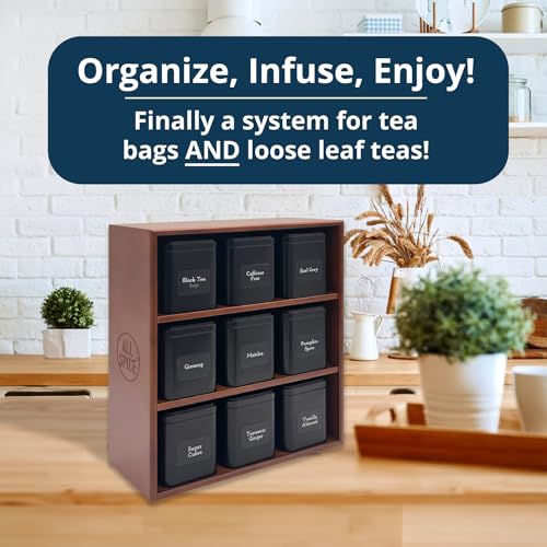 Tea Organizer Rack with 9 Tins & 160 Magnetic Labels (9 Compartments)