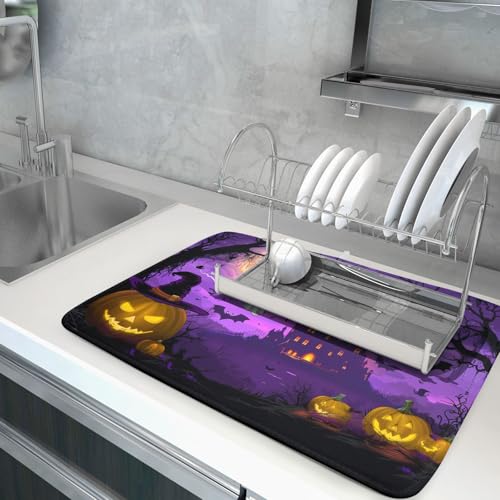 Halloween Scary Night Pumpkin Lanterns Dish Drying Mat for Kitchen Counter
