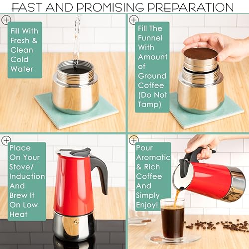 9 Cup Greca Moka Pot Red Stainless Steel Stovetop Espresso Maker (9 Count)