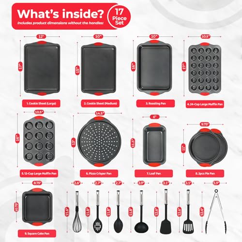 Non-Stick 17-Piece Baking Pan Set, BPA-Free Carbon Steel Bakeware Set with Silicone Handles, Stackable Kitchen Oven Set, Cookie Sheet, Baking Tray, Baking Sheet Set, Utensils, Oven Safe (446°F)
