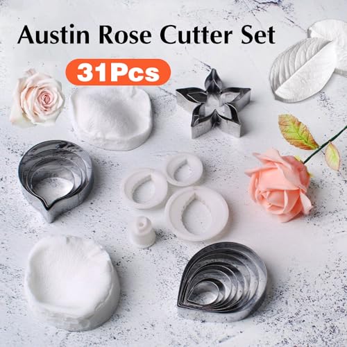 31Pcs Austin Rose Cutter Set Rose Petals Silicone Fondant Mould Veining Petal Sugar Flower Making Tool
