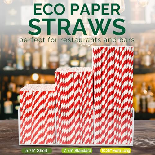 500 Counts] Chunspak 5.75 inch Disposable Red White Striped Small Paper Straws for Cocktail