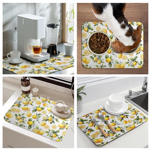 Lemon Dish Drying Mat Spring Summer Kitchen Dish Drying Pad Absorbent Drying Mat for Countertops Dish Dryer Mat Microfiber Dishes Drainer Pad Dish Drying Rack Mat