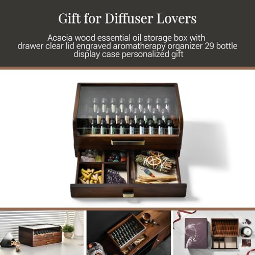 Acacia Wood Essential Oil Storage Box with Drawer & Clear Lid