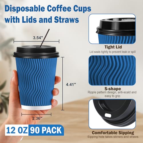 90 Pack 12 oz Disposable Coffee Cups with Lids and Straws (90 Count)