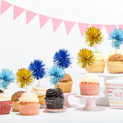 30Pcs Foil Firework Cupcake Toppers Sparkle Tinsel Cake Toppers Tinsel Drink Cake Decoration Cocktail Picks for Birthday Wedding Graduation Party Supplies Gold Light Dark Blue (30 Count)