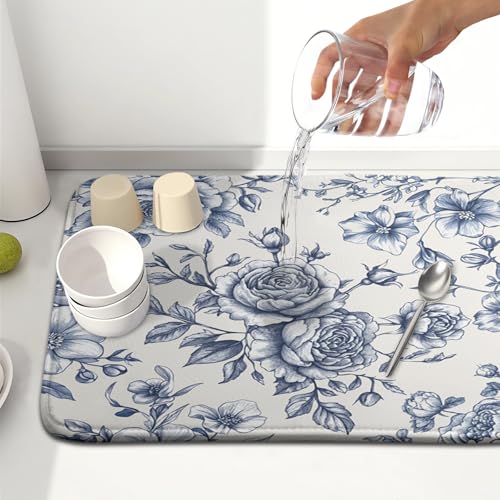 Vintage Floral Dish Drying Mat for Kitchen Counter Blue Floral Chinoiserie Pattern Dish Drying Pad 16x18 In Absorbent French Farmhouse Decor Dishes Drainer Pad Dish Dry Rack Mat for Counter Coffee Bar