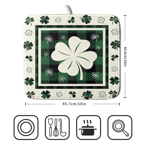 Patrick Clovers Dish Drying Mat 16"x18" Lucky Shamrock Spring Leaf Dish Drainer Mats Green Black Buffalo Plaids Absorbent Microfiber Dish Drying Pad for Kitchen Countertop Small Decor