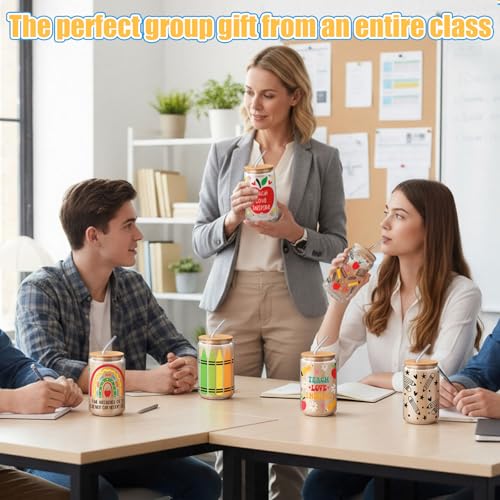 12 Sets Back to School Teacher Gifts Bulk 16 oz Apple Crayon Pencil Glass Cup with Lid and Straw Iced Coffee Tumbler for Teacher from Students First Day of School Party Favors (12 Count)