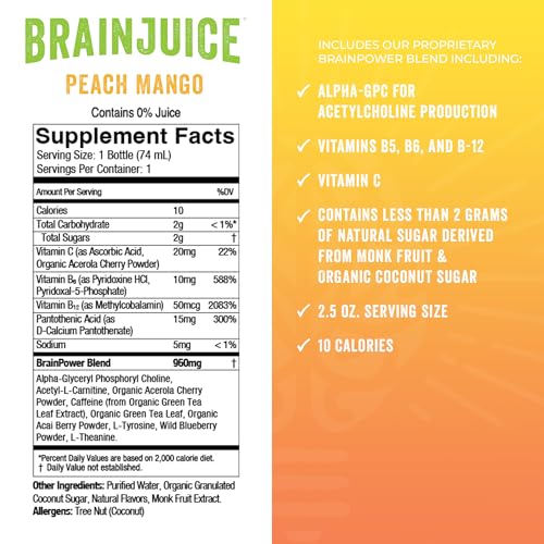 Peach Mango Caffeinated Nootropic Supplement Shot (30 Fl Oz)