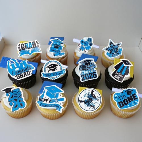 48Pcs Edible Graduation Cap 2026 Cupcake Toppers Wafer Paper Grad Cap Diploma Cake Decoration Picks for 2026 Grad Theme Party Cake Decor Supplies Black Blue (48 Count)
