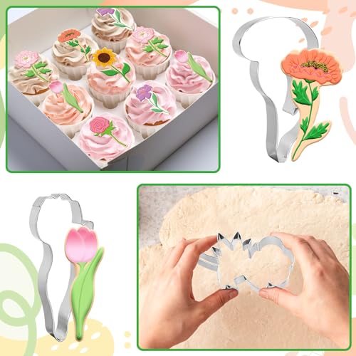 6Pcs Flower Cookie Cutters Biscuit Cutter Spring Tulip Peony Sunflower Rose Floral Stem Stainless Steel Cookie Cutting Molds for Mother' s Day Home DIY Baking Supplies (6 Count)