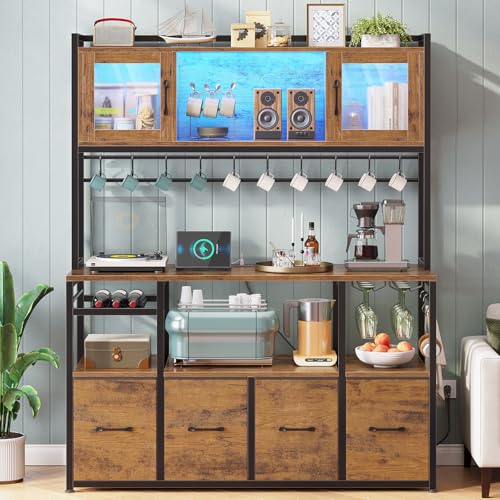 Bakers Rack with Power Outlet and LED Light