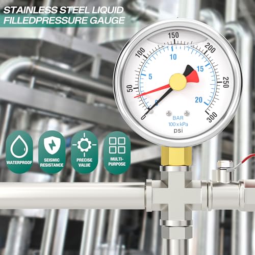 0 300PSI Stainless Steel with Reset Pointer Liquid Filled Pressure Gauge