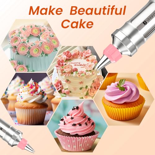 Dessert Decorating Syringe Set Icing Piping Kit Frosting Piping Kit Stainless Steels Cake Decorating Kit with 10 food grade stainless steel piping tips & 50 Disposable Piping Bags (63 Count)