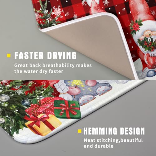 Winter Gnome Dish Drying Mat 16x18 inch Christmas Elf Trees Snowflakes Dish Drainer Mats Black Red Buffalo Plaids Fast Drying Absorbent Dish Drying Pad for Kitchen Countertop Holiday Decor