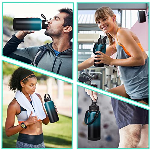 32/40/64/128 oz Insulated Water Bottle with straw & Spout Lids Keep Cold 48H Hot 24H, Large Water Flask Bottle with Shoulder Carrier Bag, Paracord Handle & Boot for Gym, Workout & Beach (9 Count)