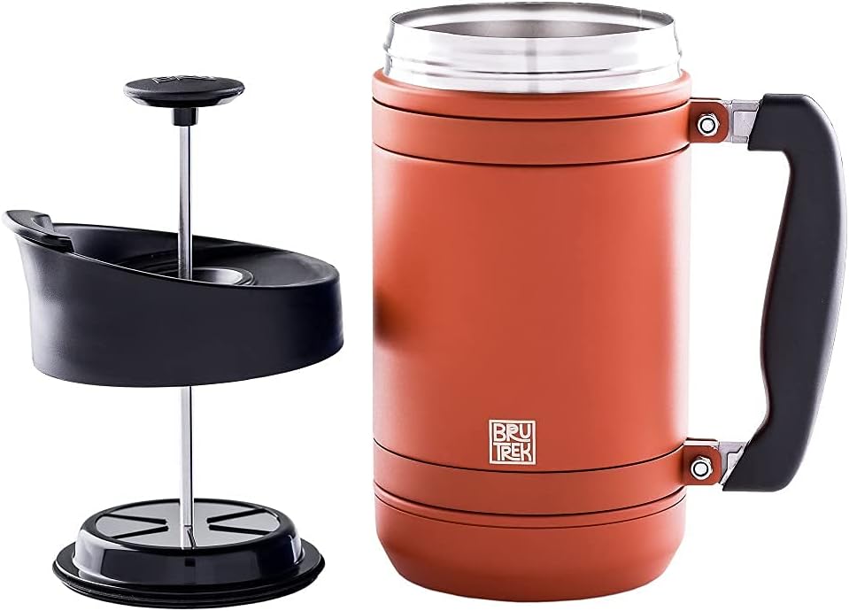 BaseCamp Coffee Press - Double Wall Insulated Stainless Steel - Bru-Stop Technology, No Grounds in Coffee, No Spill Lid (Red Rock, 32 fl.oz) - Blissbrew
