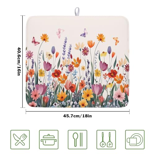 Spring Summer Flowers Dish Drying Mat for Kitchen Counter 16"x18" Colorful Floral Drying Mat Soft Absorbent Microfiber Farmhouse Fluttering Butterfly Dish Drainer Rack Mats for Counter tops