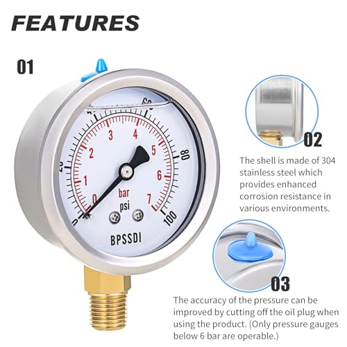 0 100 Psi Glycerin Liquid Filled Low Pressure Gauge