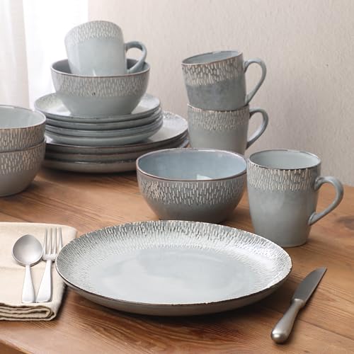 Jasper 16 Piece Plates and Bowls Reactive Glaze Dishes Stoneware Ceramic Dinnerware Set