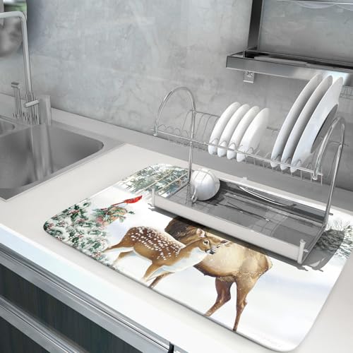 Winter Deer Dish Drying Mat 18"x24" Xmas Tree Bird Holly Berry Dish Drainer Mats Elk Moose Snow Cottage Farmhouse Reversible Large Dish Drying Pad Protector for Kitchen Countertop Decor