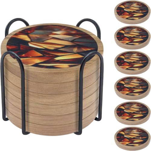 6 Pack Absorbent Coasters Set with Holder Wood Coasters for Drinks Housewarming Gifts for Home Decoration Cup Coasters for Coffee Tabletop Protection 4.3 Inch